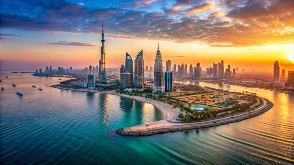 Panoramic view of Dubai’s skyline at sunset, featuring the Burj Khalifa, modern skyscrapers, featuring dubai holiday deals, featuring uae visit visa from dubai