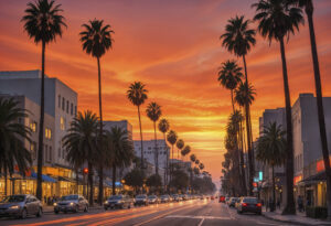 palm-lined streets and vibrant sunset, which are iconic elements of the city's aesthetic, holiday package of los angeles